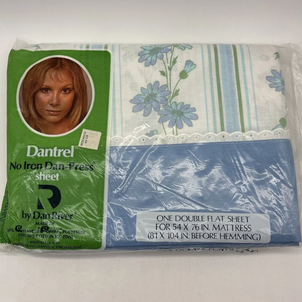 Vtg Dan River Dantrel No Iron Double Sheet Set White Blue Floral NOS